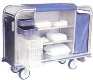 Cart is Standard with: Perimeter bumper, (4) four rolling bumpers, glass rack, adjustable shelf, 8"x2" contoured wheels w/ ball bearings two bags included, cubby to hold spray cleaners, vacuum rack,