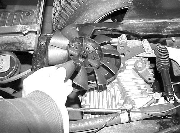6. Remove the 3 screws retaining the transaxle fan to the input pulley (Figure 88