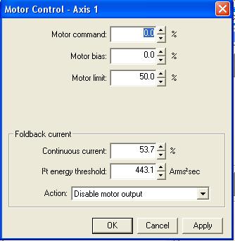 6. Limit maximum motor power to 50%. - Click Motor Control. - Set Motor Limit to 50.0%. Click Apply. - Click OK. Tuning using the Axis Wizard 1.