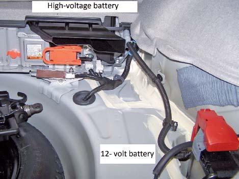 FIGURE 19-17 The rear compartment of a Toyota Prius houses both the high- and low-voltage batteries. High-Voltage Battery Safety.