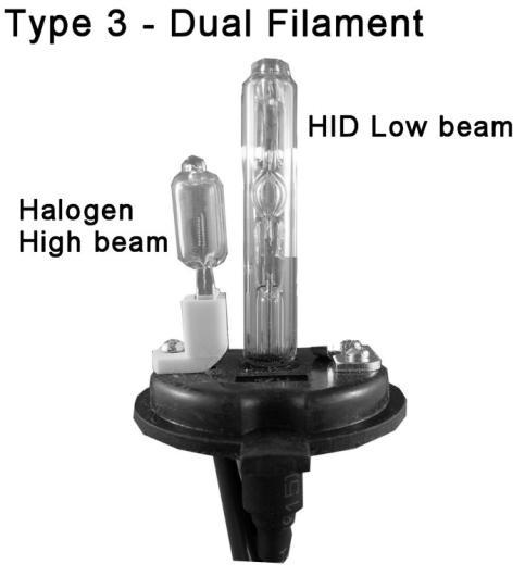Instructions (V5 04.23.2012) Type 3 - Hi/Low kit HID Low beam and H3, halogen, for High beam H4 (9003), H13 (9008), 9004, 9007 These bulbs have a HID Low beam and Halogen Bulb for High beam.