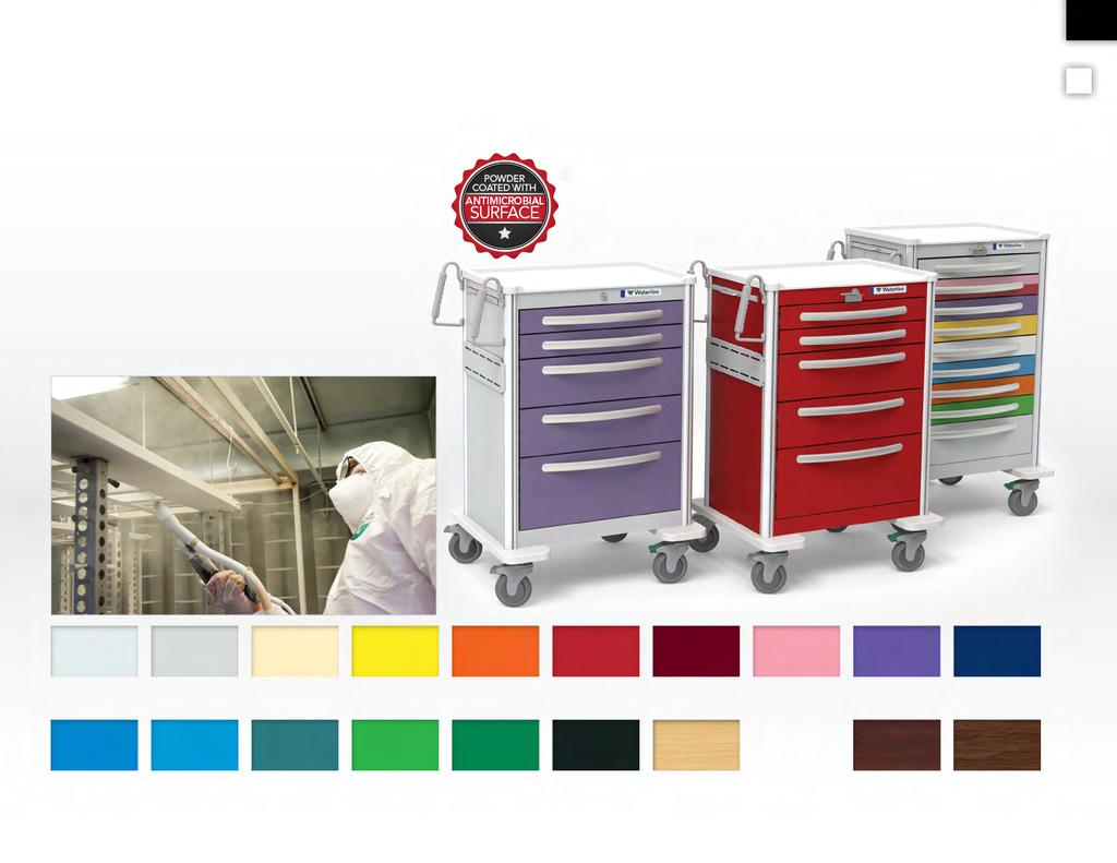 COLOR OPTIONS DURABLE FINISHES All Waterloo carts are coated with a highly durable powder paint that is designed to withstand the demands of the medical environment.