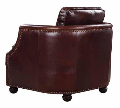 Tailored in top grain pull-up leather in a chocolate brown, blending with simple dark mahogany feet, and hand-tapped brass nail accents.