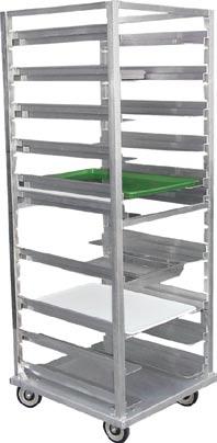 ALUMINUM FIXED CANTILEVER SHELVING ADJUSTABLE UNIVERSAL PAN RACKS ADJUSTMENT ON 3 CENTERS HEAVY DUTY CHANNEL UPRIGHTS HOLDS OVAL SHEET PANS, ROASTING PANS AND STEAM TABLE PANS 5 POLY U PLATE CASTERS,