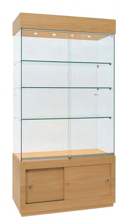doors 8 x 35w l.v. halogen spotlights SS14 Size 1000 w x d x 2000mm h Rectangular showcase with full display 4 x fixed glass shelves at varying heights Lockable sliding glass doors 4x 35w l.v. halogen spotlights Choice of glass, mirror or solid back panel SS14C Size 1000 w x d x 2000mm h Standard features, as our SS14 unit but with: buy online: www.
