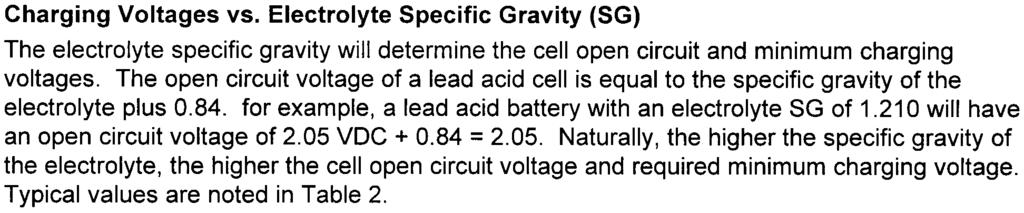 Charging Voltages vs. Electrolyte Specific Gravity (SG) The electrolyte specific gravity will determine the cell open circuit and minimum charging voltages.