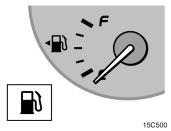 Fuel gauge 15C004 If the fuel tank is completely empty, the malfunction indicator lamp comes on. Fill the fuel tank immediately. The indicator lamp goes off after driving several times.