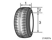 Tire size Name of each section of tire 20c506a 21A007a 21A006a This illustration indicates typical tire size. 1. Tire use (P=Passenger car, T=Temporary use) 2. Section width (in millimeters) 3.