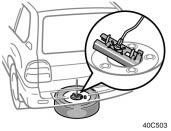 Blocking the wheel 4. After the tire is lowered completely to the ground, remove the holding bracket as shown in the illustration.
