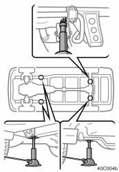 Positioning the jack JACK POINTS: Front Under the frame side rail Left rear Under the rear axle housing Right rear Under the