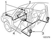 The seat belt pretensioner system consists mainly of the following components, and their locations are shown in the illustration. 1. Front airbag sensors 2. SRS warning light 3.