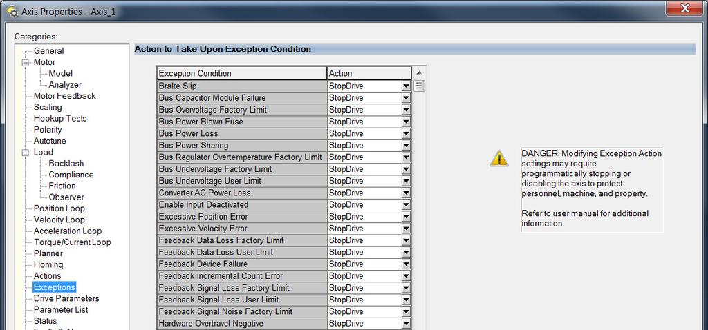 Axis Properties>Exceptions Category (Logix Designer, version 31 and later) It is important to determine the sequence of events (what fault occurs when) when considering faults, and how that fault was