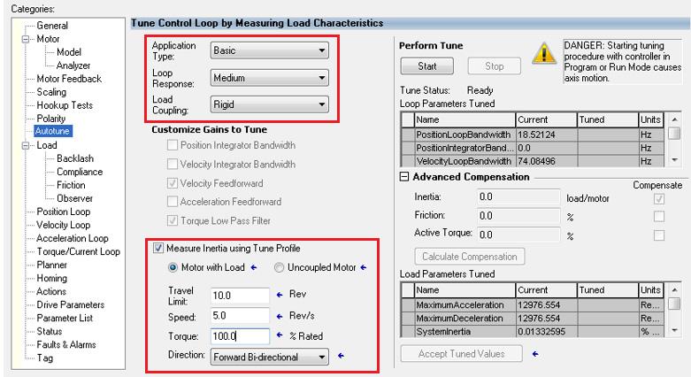 Select Autotune and verify that the Application Type, Loop Response, and Load Coupling settings are appropriate for your application. 3. Check Measure Inertia using Tune Profile.