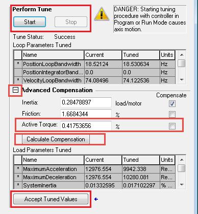 7. Click Perform Tune>Start 8. When the bump test is complete, click + to expand Advanced Compensation. 9. Next to the Active Torque value, check Compensate.