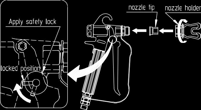 J o b 1 Apply safety lock of airless gun. Fit nozzle tip (optional). CAUTION Refer to instruction manual of airless spray gun about how to fit nozzle tip.