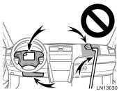 Do not put anything or any part of your body on or in front of the dashboard, lower portion of driver s side instrument panel or steering wheel pad that houses the front airbag