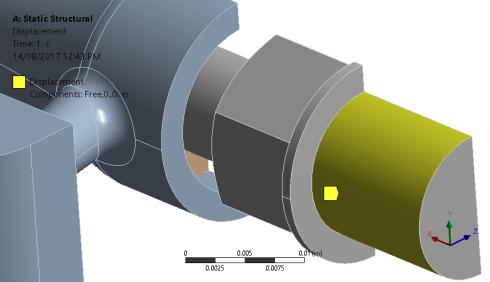 Figure 8: The displacement conditions are applied on the axle thread highlighted in yellow. 2.4.