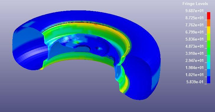Time : 15 ms Fig. 11: Displacement of striker and wheel flange edge in 50 ms Figure 11 shows the equivalent stress contour distributions in the wheel tire assembly.