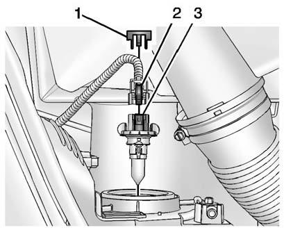 2. For the driver side bulb, remove the windshield washer bottle filler neck by firmly pulling it straight up and out of the bottle. 3. Remove the connector retaining tab (1). 4.