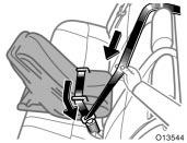 CAUTION After inserting the tab, make sure the tab and buckle are locked and that the lap and shoulder portions of the belt are not twisted. Do not insert coins, clips, etc.