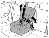 Contact your Toyota dealer immediately. Do not install the child restraint system on the seat until the seat belt is fixed. 2. Fully extend the shoulder belt to put it in the lock mode.