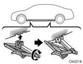 Positioning the jack Raising your vehicle CAUTION Never get under the vehicle when the vehicle is supported by the jack alone. 5. Position the jack at the correct jack point as shown.