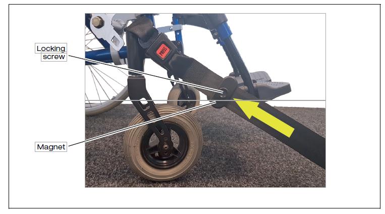 Adjustments Figure 13: Adjusting the Magnets Release the wheelchair's brakes. Position yourself behind the wheelchair and keep a firm hold of it. Press and hold push-button B on the remote control.