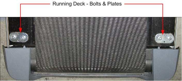 5. Remove the four bolts and the retaining plates that hold the deck to the frame. Lift the deck and running belt up and away from the treadmill. 6.