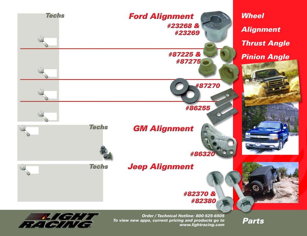 1 per wheel Front Adjustment Range: 23268 Cam +.50 / Cas +2.3 23269 Cam +.30 / Cas +2.6 1 kit per axle Front Adjustment Range: Caster ±1.