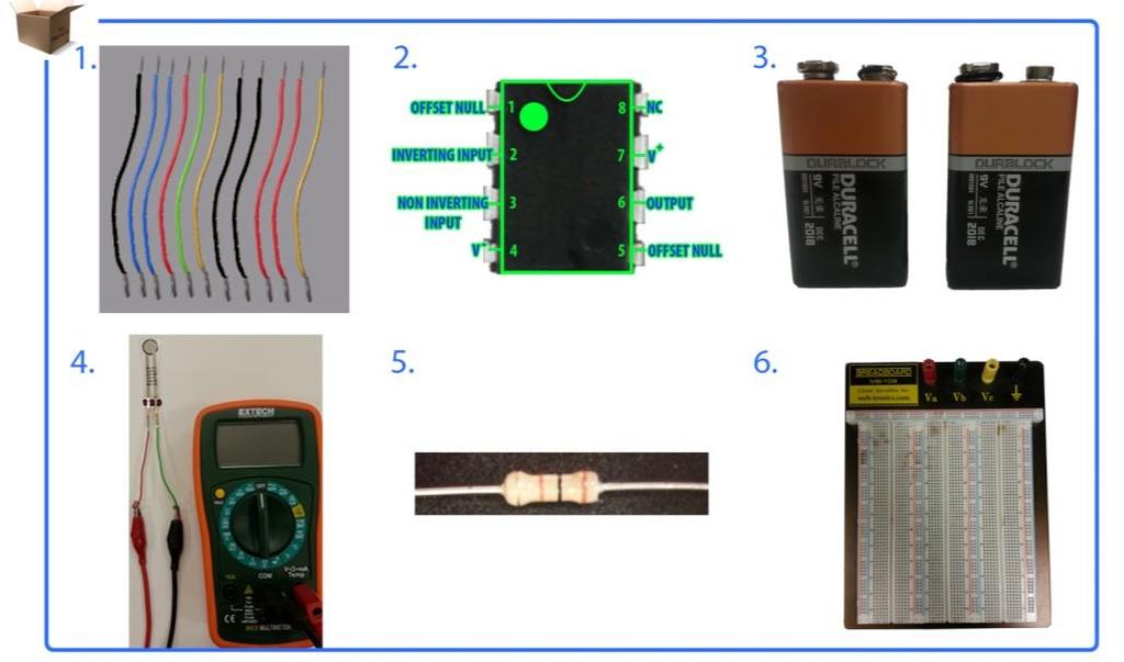 Make sure you have the following items: LM 741 op amp 11 6-inch wires (22 gauge) two 9V batteries 30k Ω resistor breadboard multimeter with sensor attached 1. Breadboard Basics A.