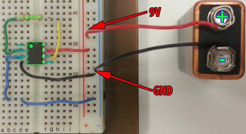 Power Supply Power Op Amp with +9V A. Disconnect wires in the previous step. B. Connect the positive terminal to the positive vertical column on the breadboard.