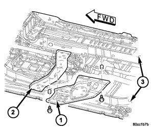 Fig. 4: Removing/Installing A/C Compressor 1. Disconnect the battery negative cable. 2. Remove hood. Mark hood hinge location for reinstallation. 3. Remove air cleaner assembly. 4. Remove radiator core support bracket.