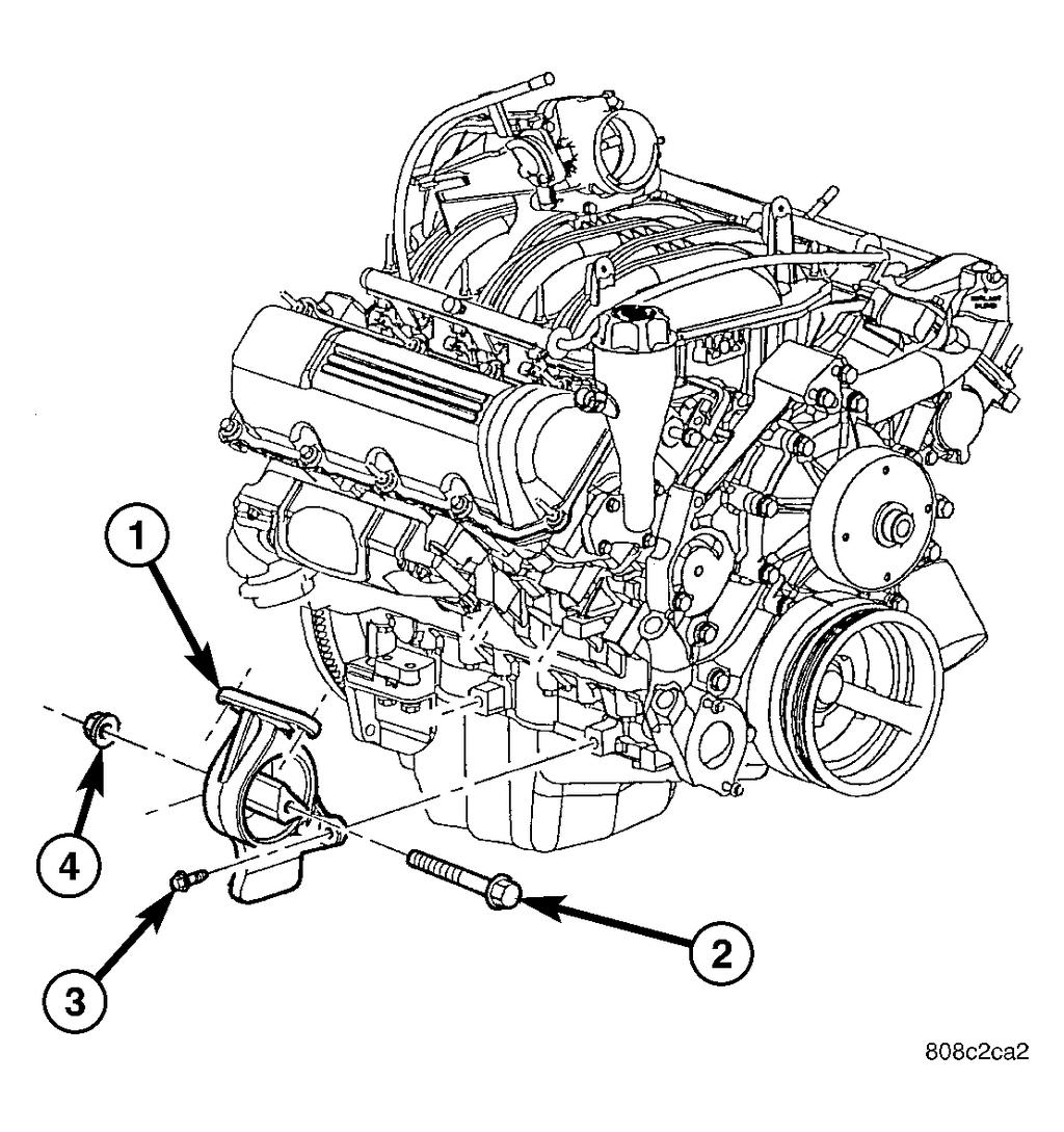Fig. 133: Engine Insulator Mount 3.7 Right 1 - MOUNT 2 - THRU BOLT 3 - BOLT 4 - NUT 6.