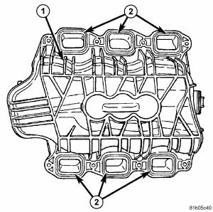 Fig. 155: Intake Manifold Seals The intake manifold uses single plane sealing which consist of six individual press in place port gaskets (2) to prevent leaks.
