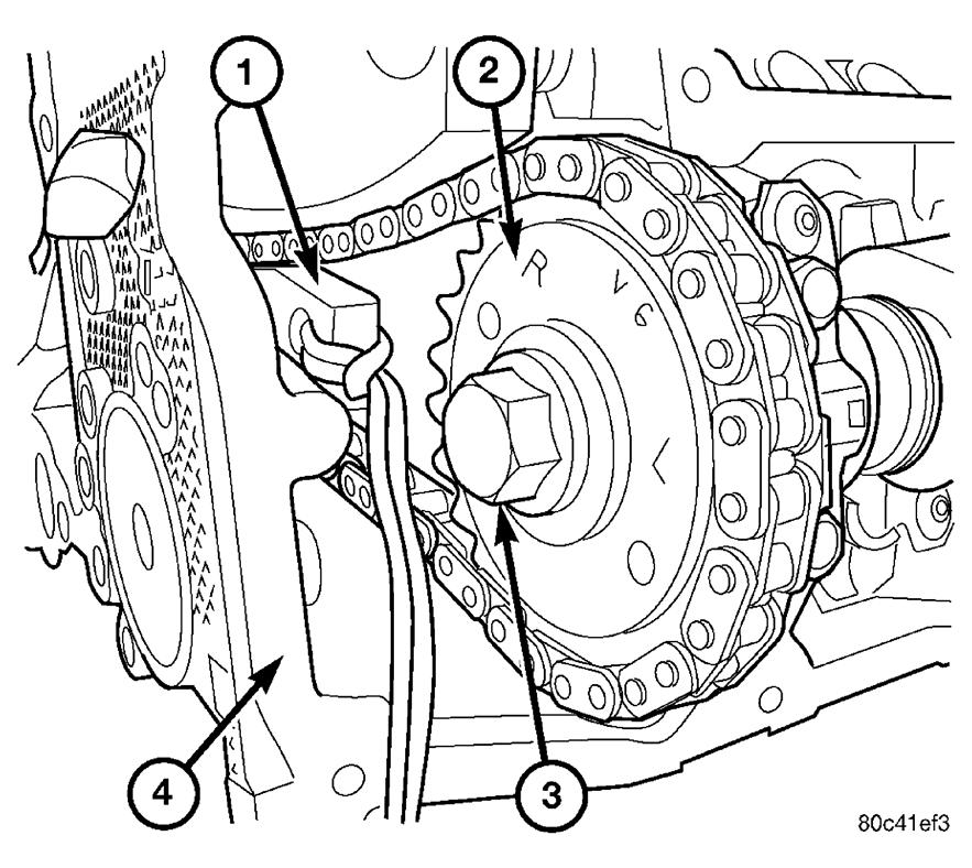 1. Using the Wedge Locking Tool 8379 (2), stabilize the secondary chain drive. For reference purposes, mark the chain-to-sprocket position. See Fig.