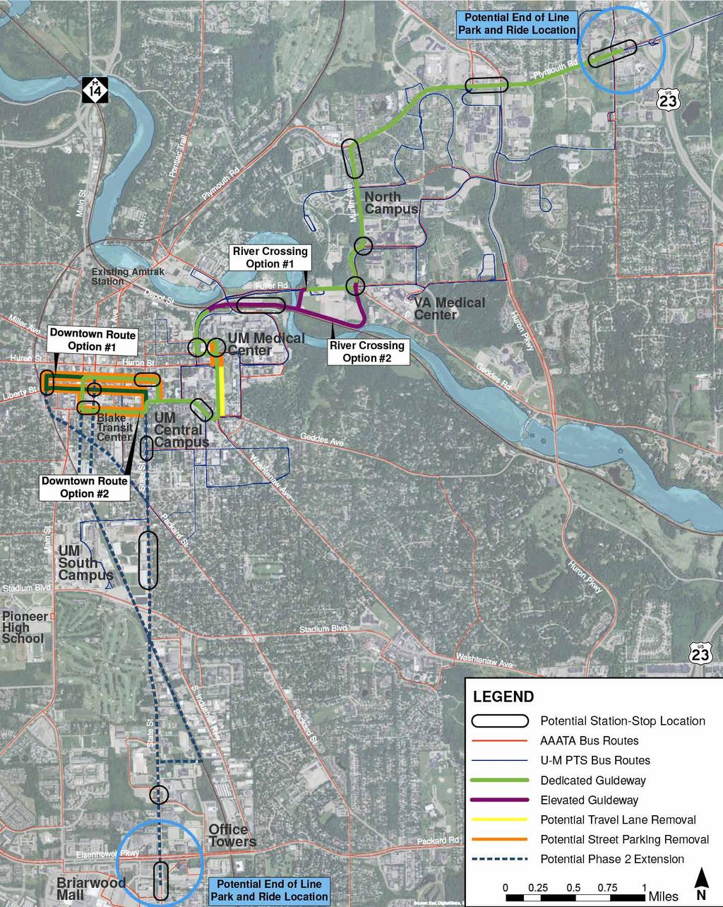 Recommended Route Alternative Huron River Crossing Options Downtown Routing Options The insets above show the four different routing options for Phase 1 of The Connector s Recommended Alternative.