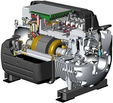 2.3 Oil-free compressor with magnetic bearings The compressor s one moving part (rotor shaft and impellers) is directly put in rotation by the permanent magnet direct drive motor and kept levitated