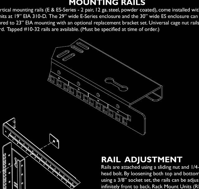 Tapped #10-32 rails are available (must be specified at time of order). Rack Mount Units (RMU) are marked on rails for easy equipment mounting.