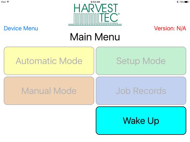Operating the Harvest Tec ipad App (continued) Once you have selected the baler you want to connect with from the Device Menu, the applicator main menu will display (below).