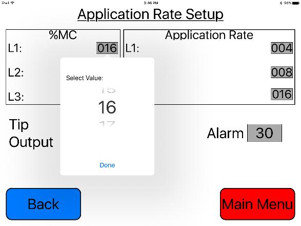 Once selected the SETUP APPLICATION RATE screen will be shown. (Top right picture) 2. Press any of the grey number values to the right of %MC to adjust their figures.