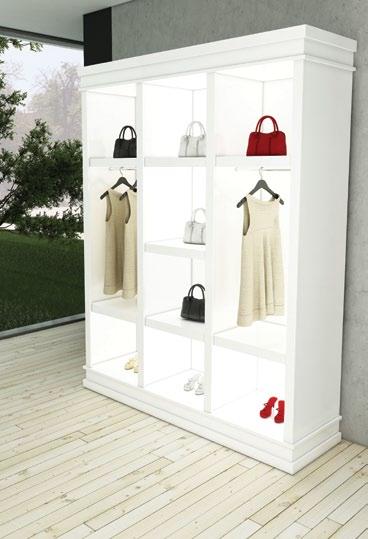 ZEROARM1 Wardrobe with rack system, base with drawers in glossy chipboard and internal light system setting L.125 x P.45 x H.