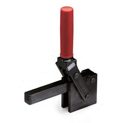 MPB. Vertical toggle clamps Heavy-duty series Black-oxide steel. Rotating pins and seeger rings Ground and hardened steel. Support bushing Ground and hardened steel. Handle Polyurethan, red colour.