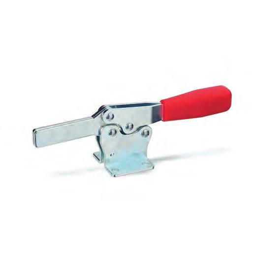MOA. Horizontal toggle clamps with folded base C10 zinc-plated steel. Rivets Support bushing Hardened and ground steel (for sizes 355). Handle Polyurethan, red colour.
