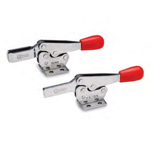 MOA-SST Horizontal toggle clamps with folded base AISI 304 stainless steel. Rivets AISI 304 stainless steel. Handle Polyurethan, red colour.