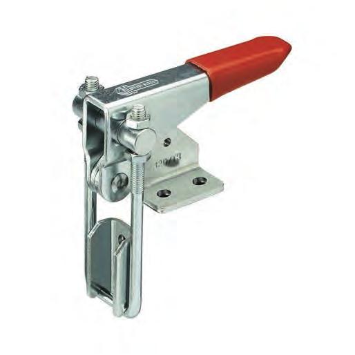 MTD. Latch clamps C10 zinc-plated steel. Rivets Pulling hook Perpendicular to clamping arm, zinc-plated steel. Oscillating pin and nuts Handle Polyurethan, red colour.
