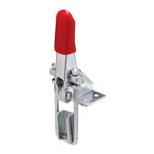 MTE. Latch clamps C10 zinc-plated steel. Rivets Pulling hook Parallel to clamping arm, zinc-plated steel. Oscillating pin and nuts Handle Polyurethan, red colour.