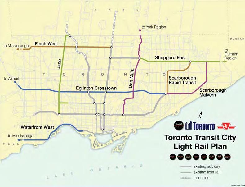 The Transit City LRT Plan is premised on developing a widely-spaced network of electric light-rail lines, each on its own right-of-way.