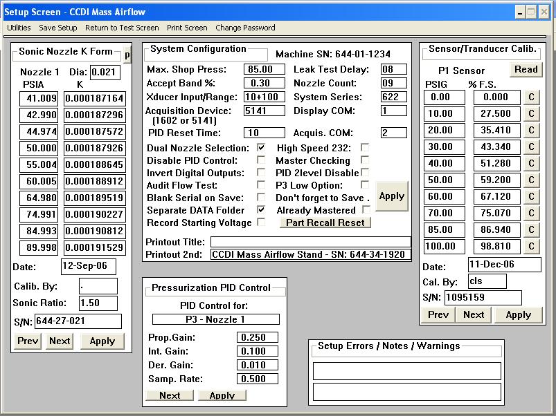Model 622 Technical Specifications Page 5 of 6 Setup Screen: Contains nozzle calibration,