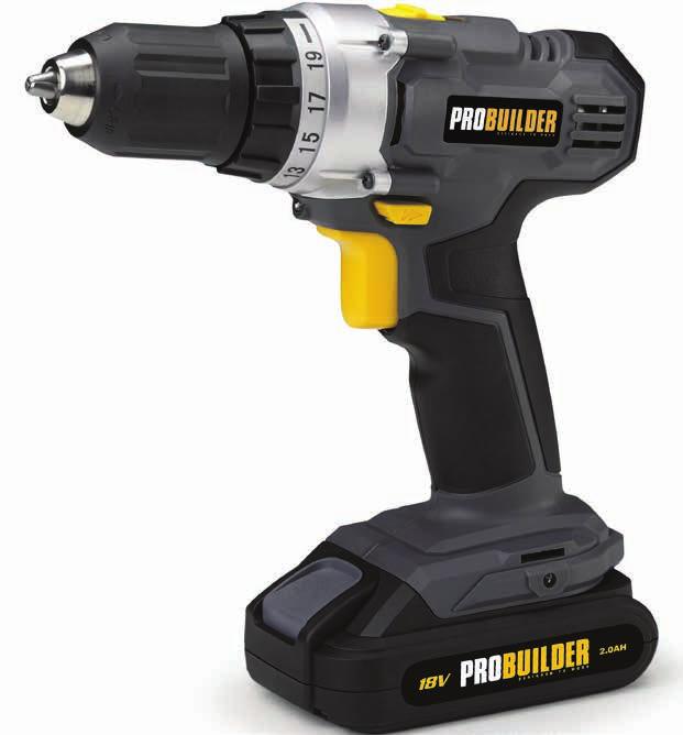 BATTERY INCLUDED POWERDRILL 18V 89113 Two speed 0-350/0-1250 rpm. max. torque 30 NM. Torque setting 19+1. 0.8-10mm single sleeve keyless chuck. Automatic spindle lock function.