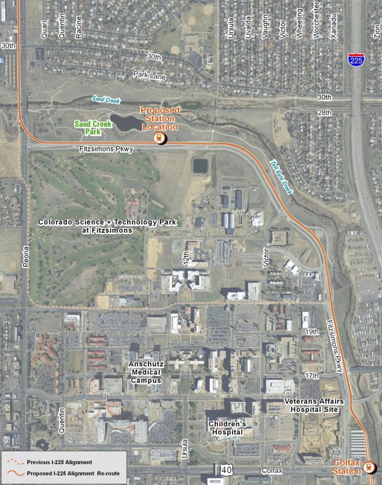 Realignment to Fitzsimons Parkway CU concerned about potential EMI & vibrations; requested station relocation ½ mile north of original location RTD